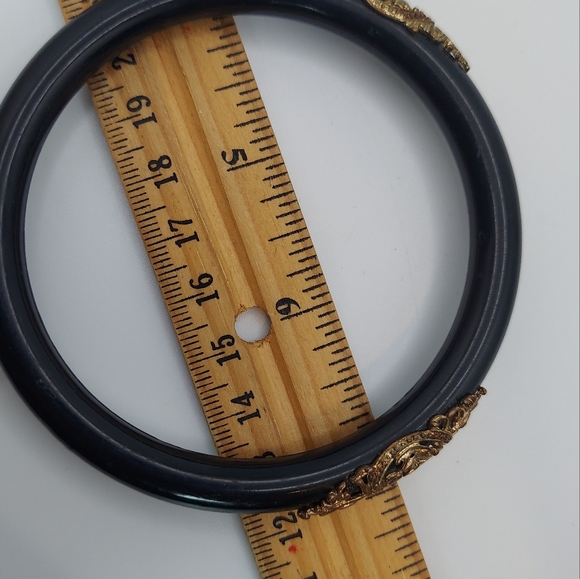 Vintage Black Acrylic Bangle Bracelet with Gold Decorations. - Picture 7 of 9